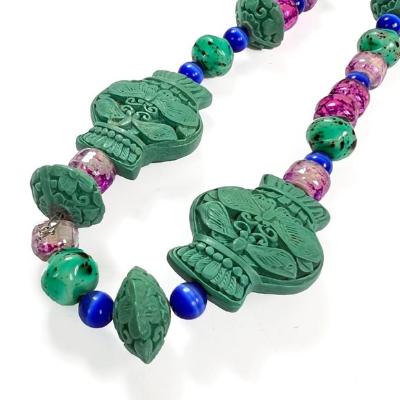 Blue Cinnabar Vase Bead Necklace w/ Blue Cats Eye Beads & Glass Lampwork Beads - Picture 5 of 12